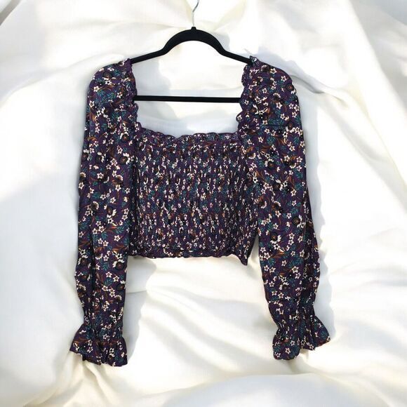 Band of the Free Smocked Crop Top Floral Long Sleeve Blouse Size L - Picture 2 of 10